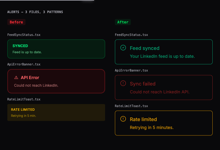 Before: 3 different alert patterns with inconsistent styling. After: 4 consistent Alert variants from ralfy-ui with proper icons