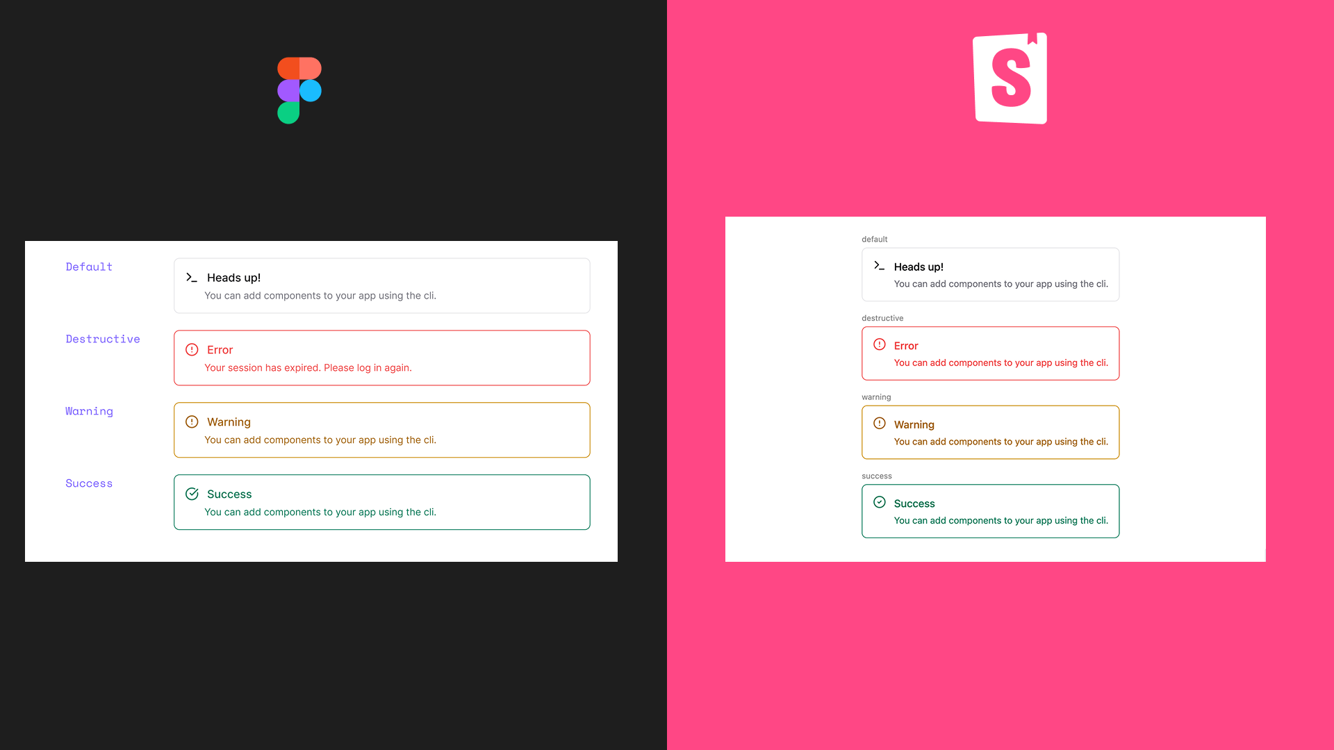 Side by side comparison: Figma Alert component variants (left) matching Storybook Alert variants (right) — Default, Destructive, Warning, Success
