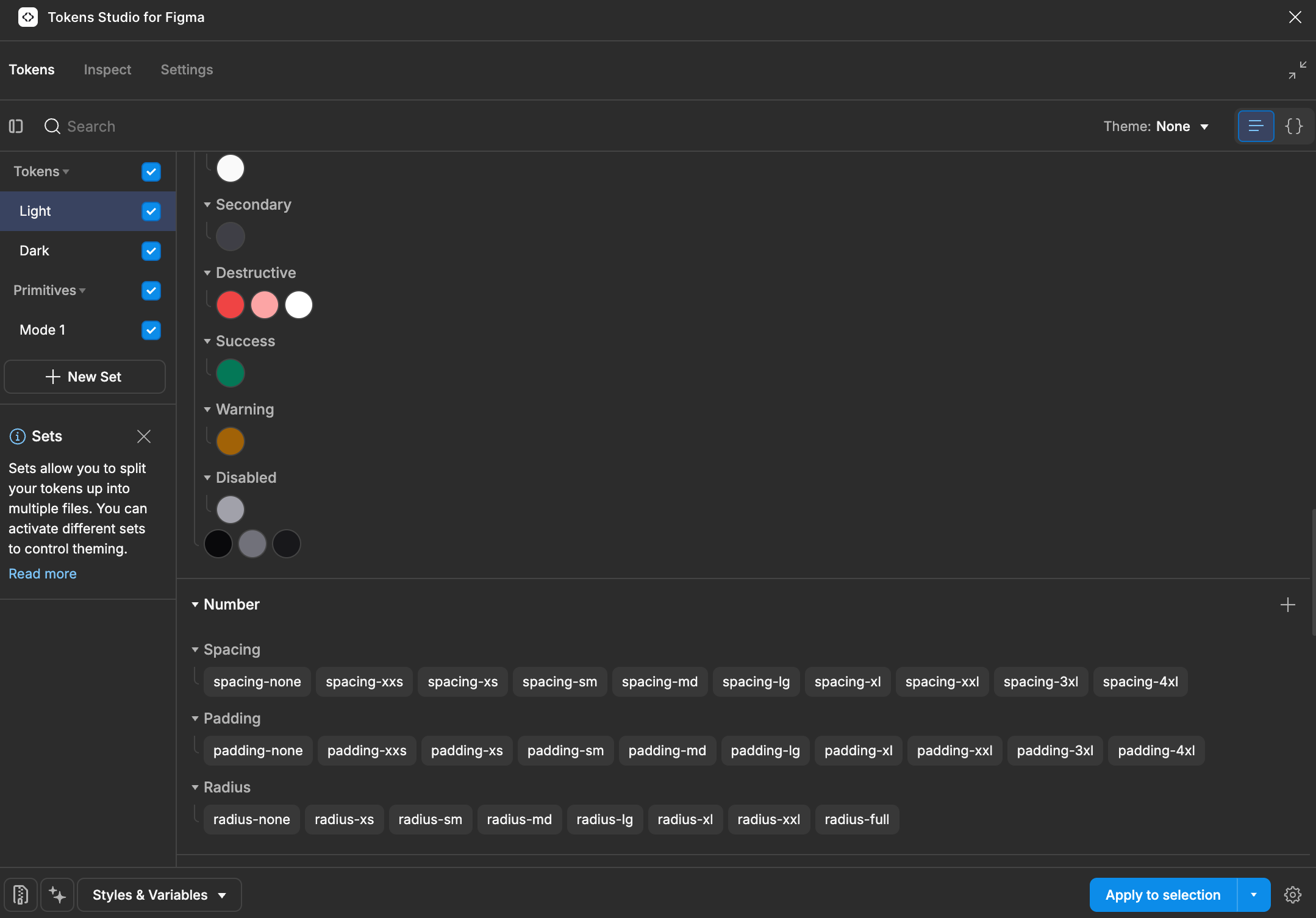 Tokens Studio for Figma showing token sets (Light, Dark, Primitives) with semantic color tokens (Secondary, Destructive, Success, Warning, Disabled) and number tokens (Spacing, Padding, Radius)